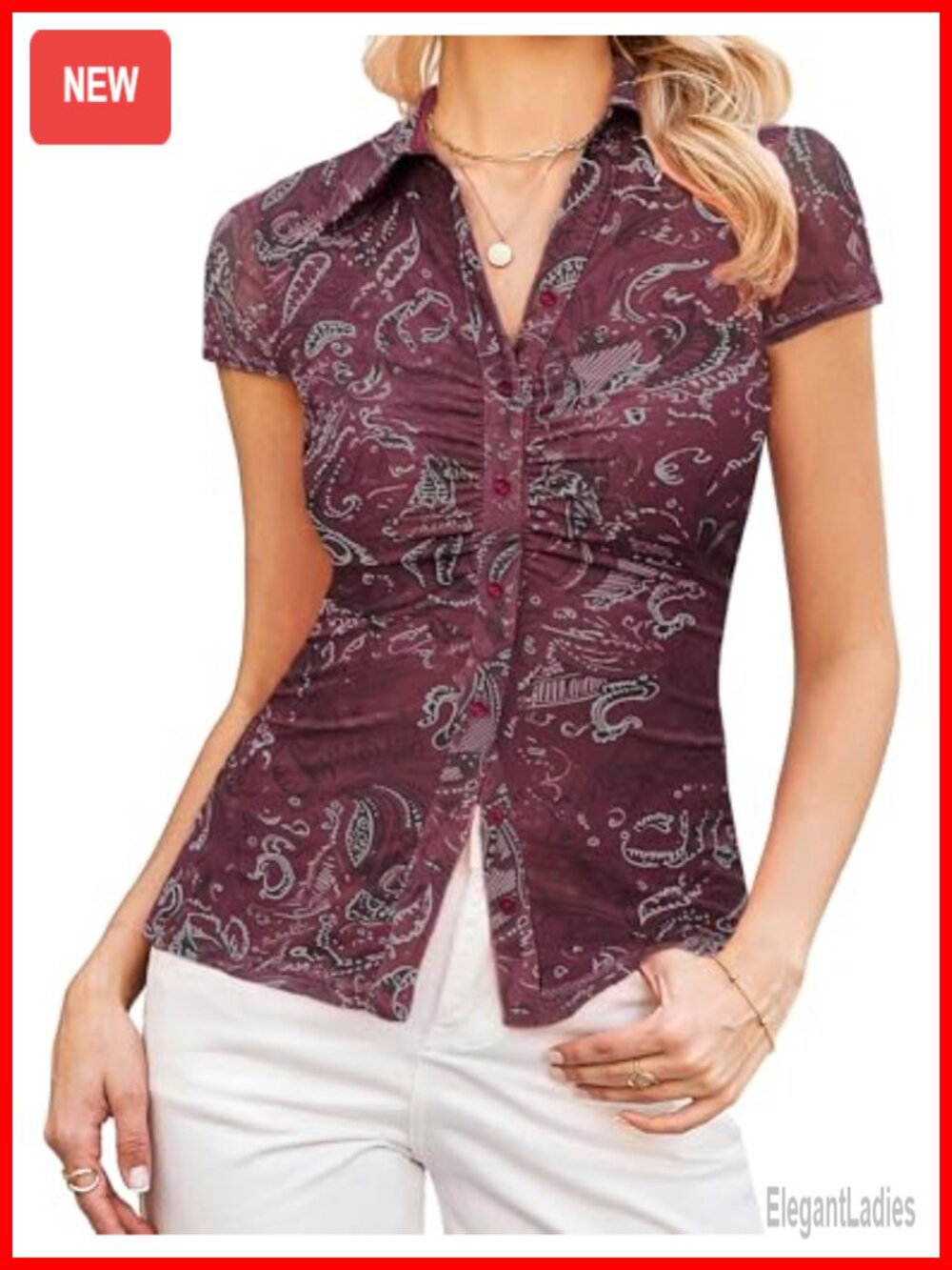 Women Mesh Boho Floral Blouse Button Down V-Neck Work Top